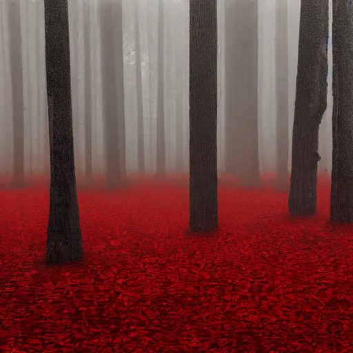 Image similar to blood - red melting trees, liminal, creepy, hyperrealism