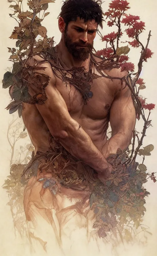 Image similar to god of the forest, 3 0 years old, rugged, handsome, male, detailed face, clean lines, atmospheric lighting, amazing, full body, thighs, flowers, muscular, intricate, highly detailed, digital painting, deviantart, concept art, sharp focus, illustration, art by greg rutkowski and alphonse mucha