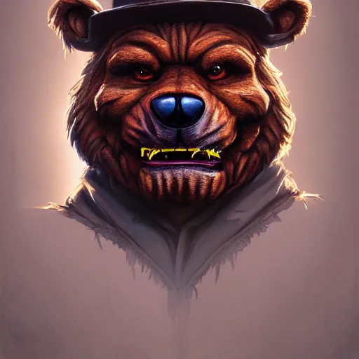 Image similar to portrait commission of freddy fazbear,realistic,hyperdetailed,photorealistic,detailed face,art by greg rutkowski,trevor henderson,ross tran,artstation,deviantart,4k,western comic style,sharp lineart,professional lighting,professional shading