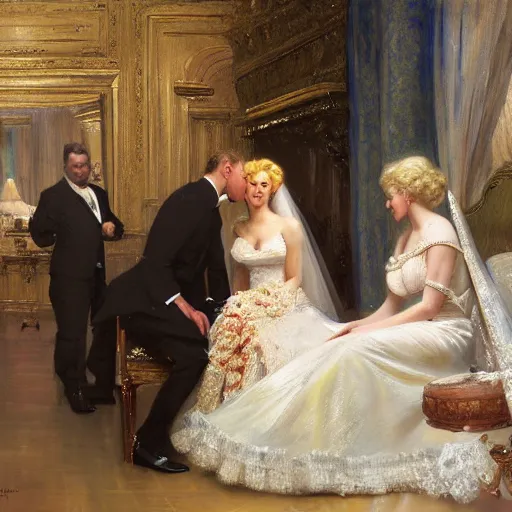 Image similar to painting of prince william marrying attractive marilyn monroe, painting at the victoria and albert museum, highly detailed painting by gaston bussiere, craig mullins, j. c. leyendecker 8 k