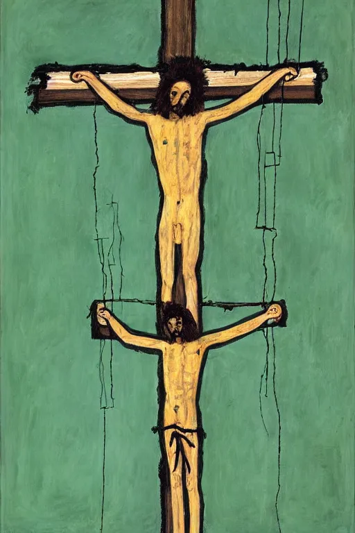 Prompt: green jesus christ crucified painted by cy twombly and basquiat