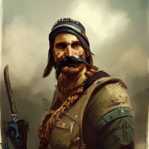 Prompt: portrait old vice barbarian warrior with trucker mustache and bandana, 8 k, trending on art station, by tooth wu and greg rutkowski