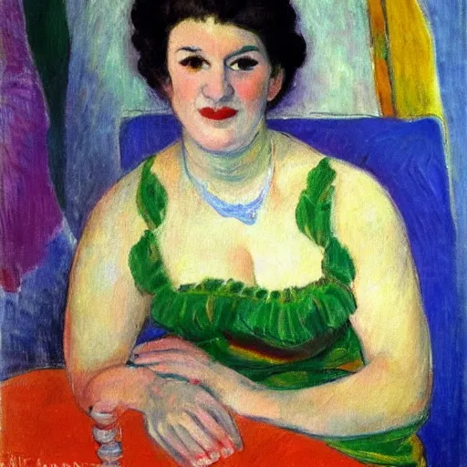 Image similar to A beautiful oil painting of a vivid impressionistic portrait of a woman, she is very beautiful, she smiles and looks straight at us, highly detailed, Matisse, fauvism