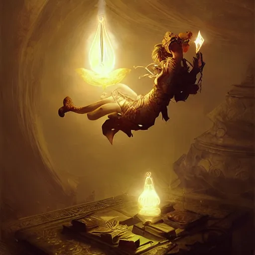 Image similar to an ancient glowing spellbook suspended in mid-air with intricate magic details suspended in air with the pages fluttering gently, glowing gas, intricate, elegant, digital painting, concept art, smooth, sharp focus, illustration, from Metal Gear, by Ruan Jia and Mandy Jurgens and Artgerm and William-Adolphe Bouguereau