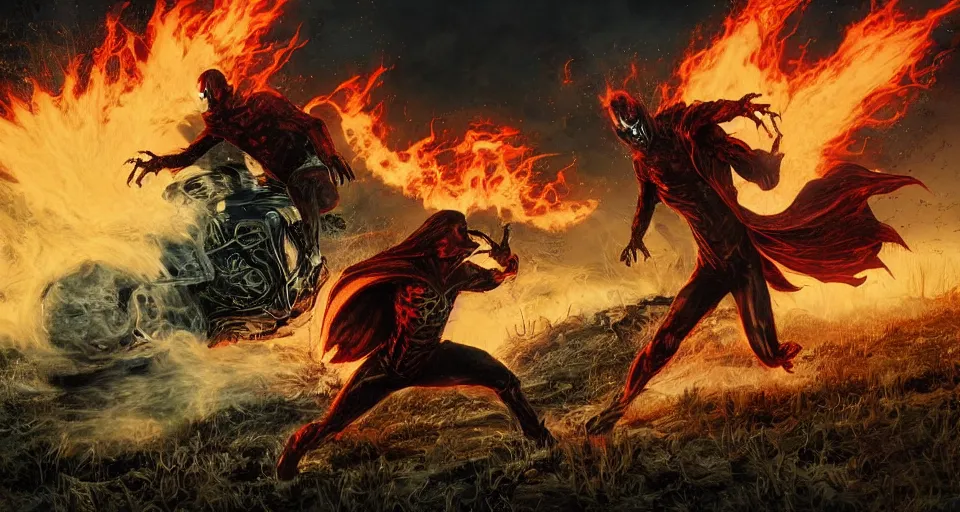 Prompt: Marvel Comics Ghost Rider Battles Morbius In A Misty Swamp, bats, sunset, volumetric lighting, hyperrealistic, beautiful details, HDR, octane render, action shot, wide angle, bokeh, Yasushi Niarasawa Moebius Jim Steranko Style