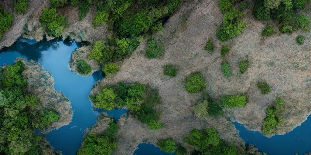 Image similar to a very high resolution image from a new movie, upside - down and criss - cross river, beautiful scenery, photorealistic, photography, directed by wes anderson