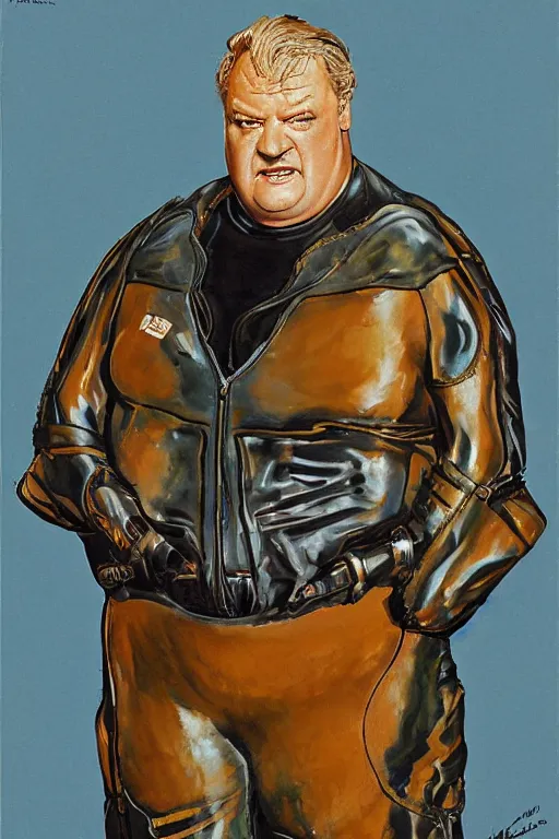 Image similar to full body portrait of actor kenneth mcmillan as baron harkonnen wearing leather spacesuit in dune, colour painting by normal rockwell