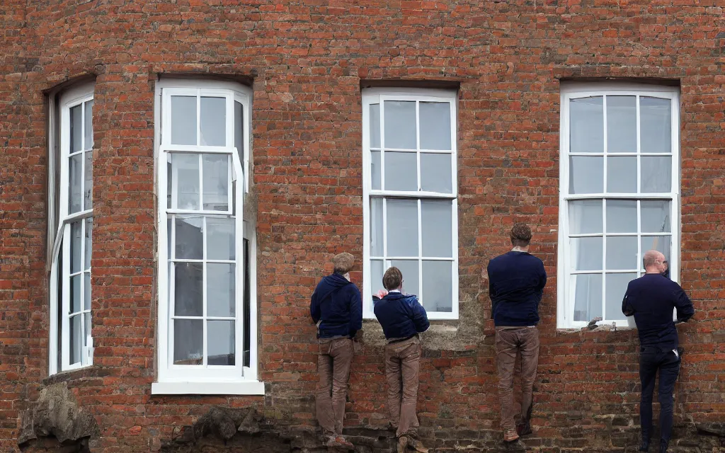 Image similar to single triangular or round sash window on a british wall, surprised and perplexed builders standing in front of it