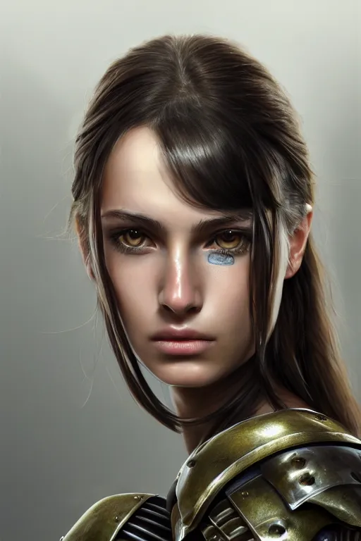 Image similar to a photorealistic painted portrait of an attractive young girl, partially clothed in dull metal-plated battle armor, olive skin, long dark hair, beautiful bone structure, symmetric facial features, facial markings, perfect photorealistic eyes, natural physique, intricate, elegant, digital painting, concept art, finely detailed, beautifully illustrated, sharp focus, minimal artifacts, from Metal Gear, by Ruan Jia and Mandy Jurgens and Artgerm and William-Adolphe Bouguerea, in the style of Greg Rutkowski, trending on Artstation, award winning