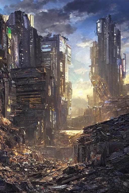 Prompt: a cyberpunk landscape with a pile of rubble inside a large corner wall with a window and the light shining through james gurney, artgem