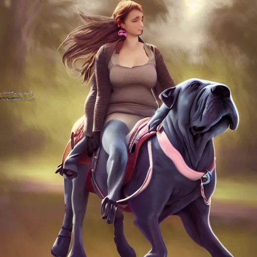 Prompt: girl riding a giant Neapolitan Mastiff in the park, trending on artstation