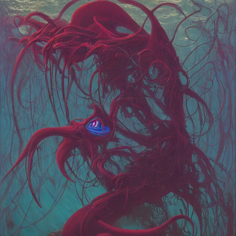 Prompt: Hyperrealistic intensely colored studio Photograph portrait of a deep sea bioluminescent Vampire Squid deep underwater in darkness long exposure, award-winning nature deep sea expressionistic impasto heavy brushstrokes oil painting by Audubon and Zdzisław Beksiński vivid colors hyperrealism 8k