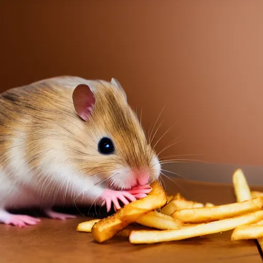 Image similar to detailed photo of a hamster eating fries, fancy restaurant, various poses, full body, unedited, daylight, dof 8 k