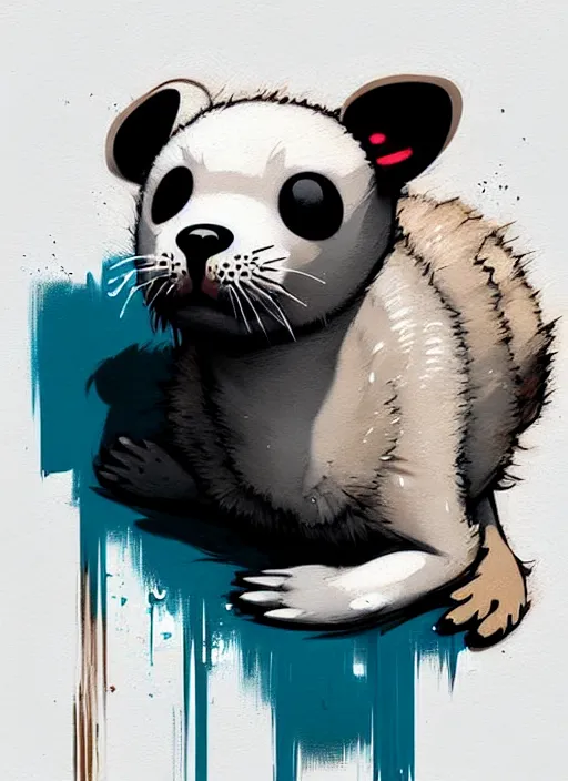 Image similar to graffiti tag mural of a cute white baby seal pup with an eyepatch by atey ghailan, by greg rutkowski, by greg tocchini, by james gilleard, by joe fenton, by kaethe butcher, by yoji shinkawa, gradient blue, black, brown and white color scheme muted tones, grunge aesthetic!!! white graffiti tag wall background