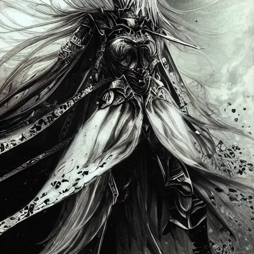 Prompt: Yoshitaka Amano realistic illustration of an anime girl with wavy white hair and cracks on her face wearing dark souls armour with the cape fluttering in the wind, abstract black and white patterns on the background, noisy film grain effect, highly detailed, Renaissance oil painting, weird portrait angle