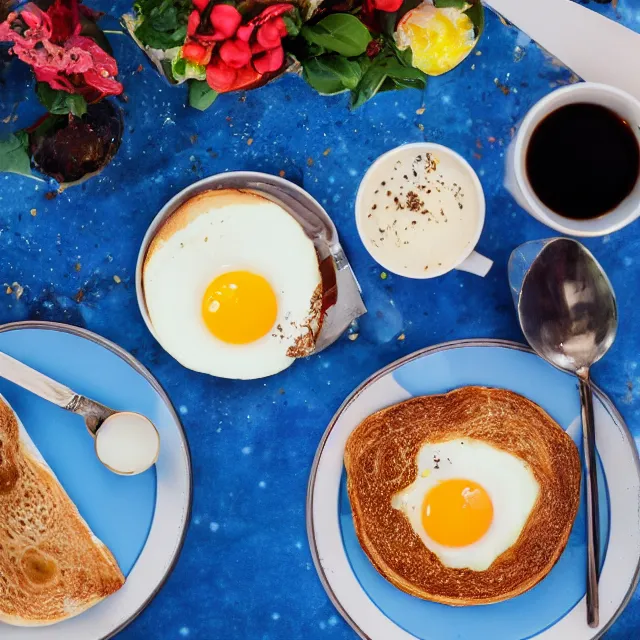 Prompt: breakfast in space, dslr photograph, color graded