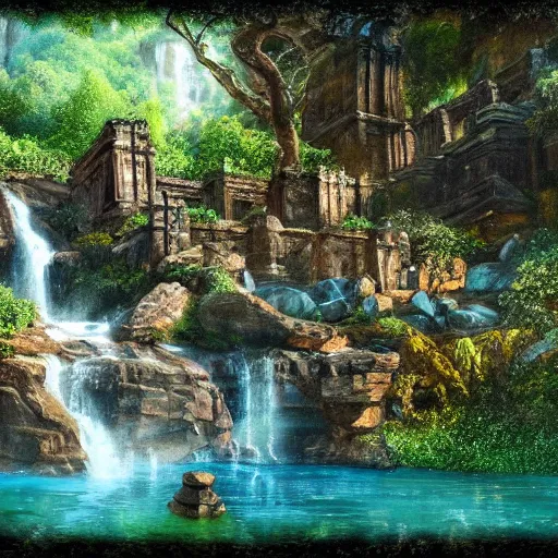 Image similar to temple ruins besides of a waterfall, fantasy art, cinematic