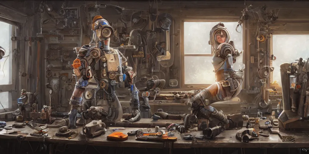 Image similar to highly detailed portrait painting of welder and angelina joile posing, mono eye window, workbench, symmetrical perfect eyes, by eddie mendoza and tyler edlin, 8 k resolution