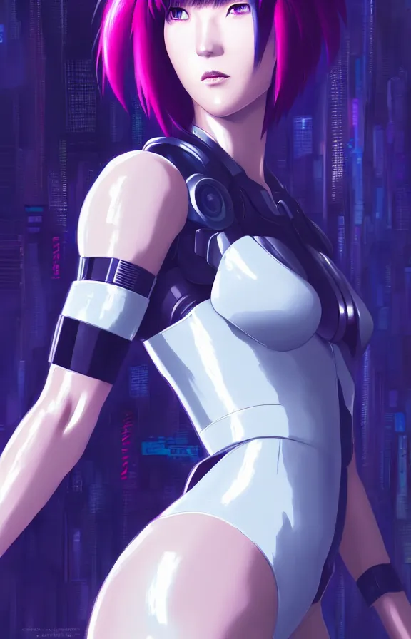 Image similar to a still fullbody portrait of motoko kusanagi ghost in the shell, finely detailed features, closeup at the faces, perfect art, at a cyberpunk city, gapmoe yandere grimdark, trending on pixiv fanbox, by ilya kuvshinov, rossdraws, artgerm