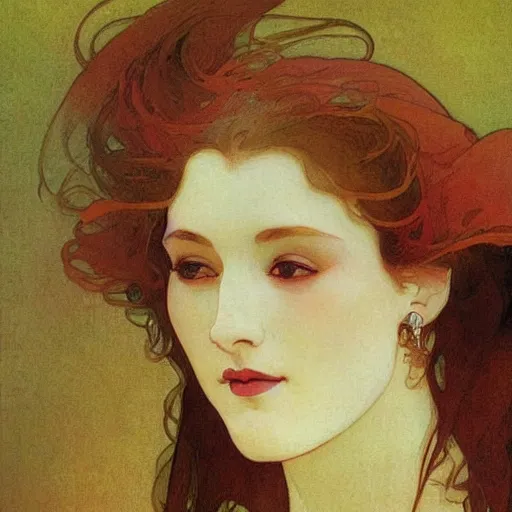 Image similar to beautiful woman's sideface, beautiful background, by alfons maria mucha, highly detailded