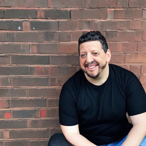 Image similar to sal vulcano with a black shirt on sitting in front of a brick wall