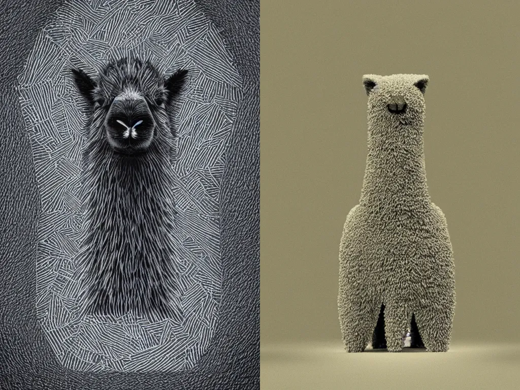 Prompt: Scanning tunneling electron microscopy image carbon nanotube pyramidal structure symmetrical nano-scale sculpture furry llama portrait in Scanning tunneling microscope, carbon nanostructure, scan