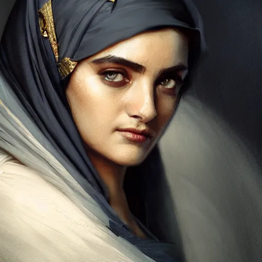 Image similar to a Photorealistic dramatic hyperrealistic render of an arab ameera al taweel, blue eyes, black hair, white veil,by WLOP,Artgerm,Greg Rutkowski,Alphonse Mucha, Beautiful dynamic dramatic dark moody lighting,shadows,cinematic atmosphere,Artstation,concept design art,Octane render,8K