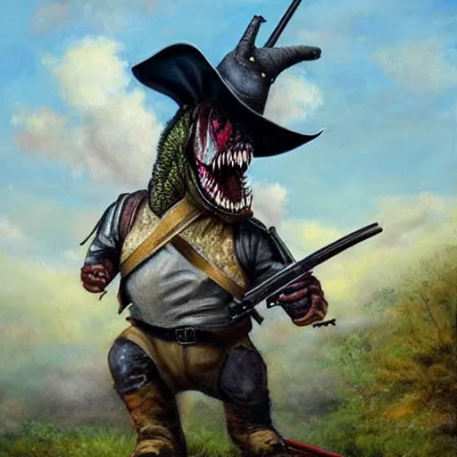 Prompt: a hyper realistic painting of a t - rex holding a musket and wearing a bicorn hat, super detailed, realistic, thick brush strokes, visible paint layers.