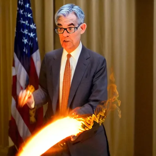 Prompt: photo of Jerome Powell using a flamethrower projecting a long flame. award-winning, highly-detailed