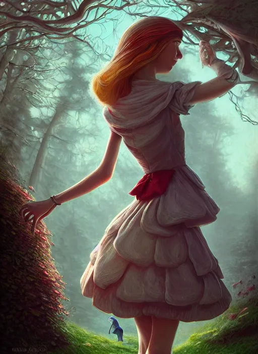 Image similar to alice in wonderland mushrooms detailed clothing, half body shot, arms down, path traced, highly detailed, high quality, digital painting, alena aenami, arnold bocklin, tom bagshaw