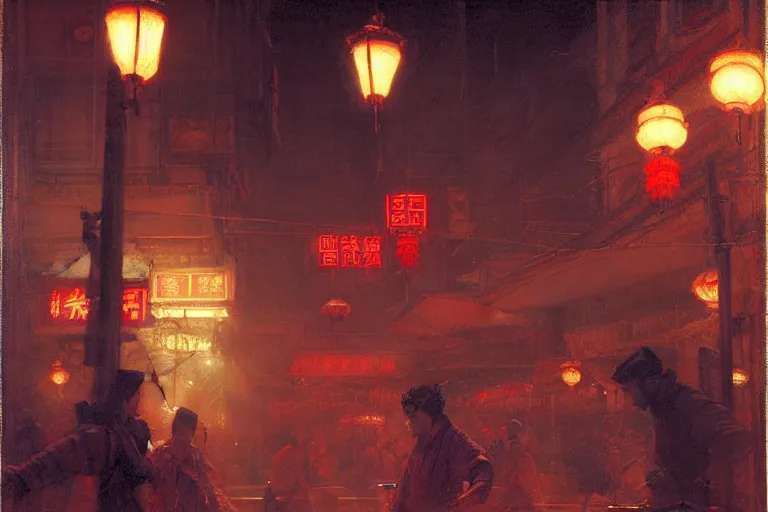 Image similar to wuxia, winter, attractive male, neon light, chinatown, painting by gaston bussiere, craig mullins, j. c. leyendecker