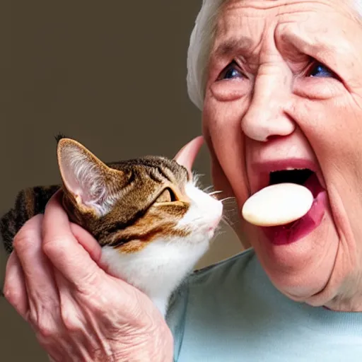 Prompt: an old woman opening her mouth wide and swallowing a cat