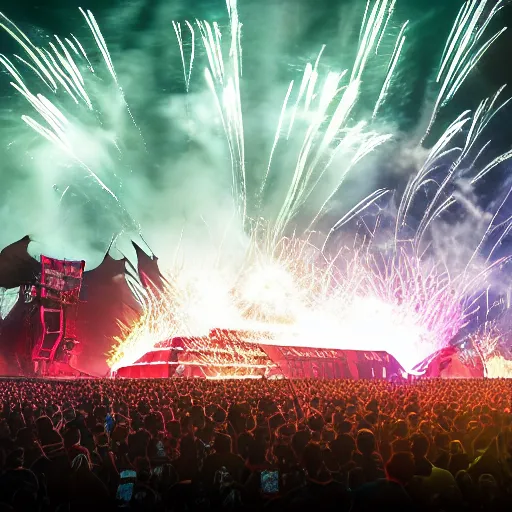 Image similar to outdoor epic festifal mainstage trash hybrid defqon 1 festival light beam lasers, firework, flamethrower, co2, crowd, octane render, 3d, unreal engine, highly detailed, 4k, 8k, HD