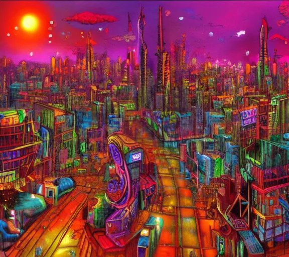 Image similar to surreal colorful nightmarish cityscape, 4k artwork by Ralph Bakshi