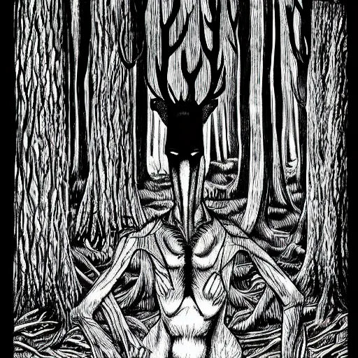 Image similar to a humanoid deer monster in a forest, by Junji Ito