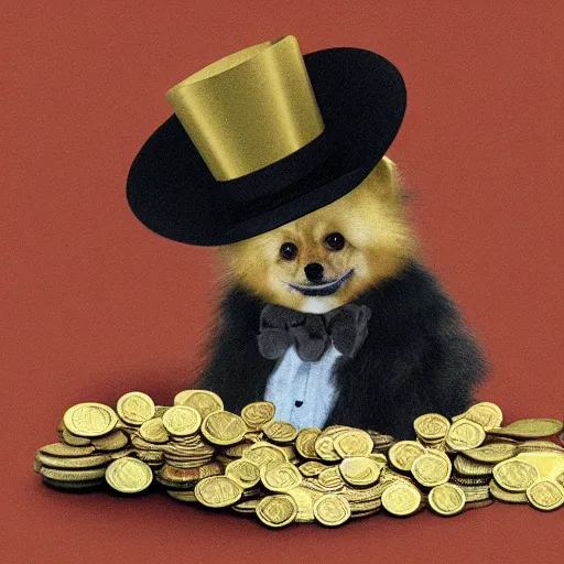 Prompt: A gold pomeranian wearing a top-hat and monocle, sitting on a pile of gold coins