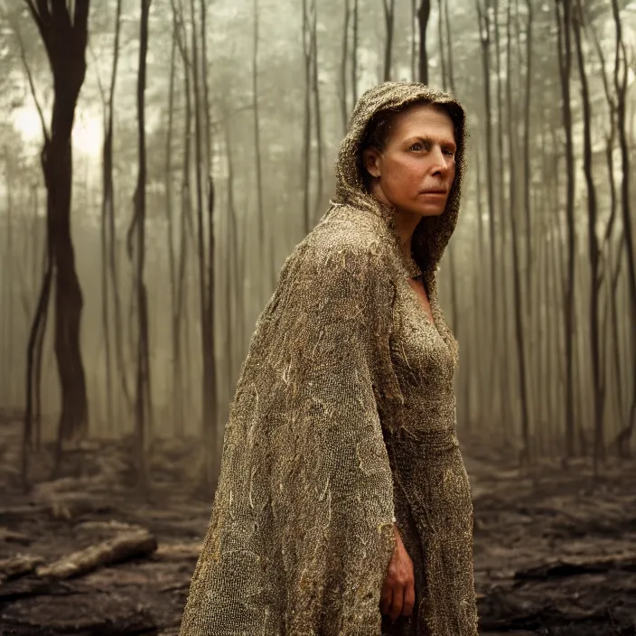 Prompt: closeup portrait of a woman wearing a cloak made of geodes and wire, standing in a burnt forest, by Annie Leibovitz and Steve McCurry, natural light, detailed face, CANON Eos C300, ƒ1.8, 35mm, 8K, medium-format print