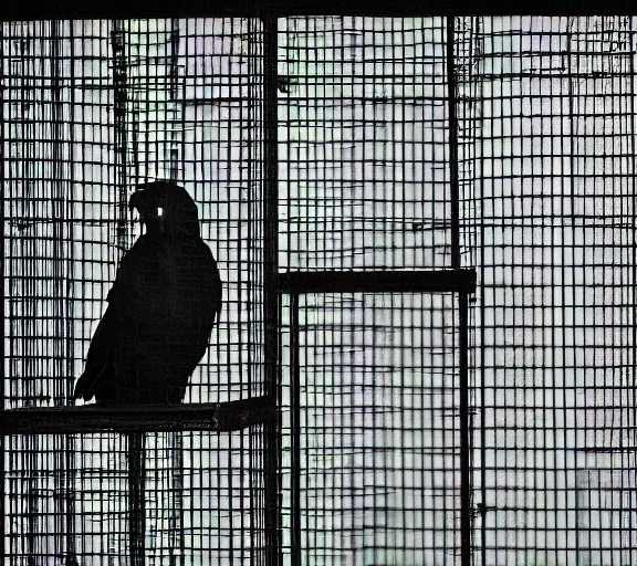 Image similar to Joachim Brohm photo of 'golden eagle perched behind jail bars', high contrast, high exposure photo, monochrome, DLSR, grainy, close up