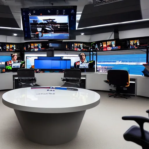 Image similar to sport newsroom for formula 1, realistic