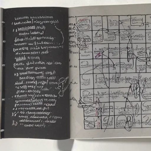 Prompt: photo of an open technical diagram book from the 9 0 s with scribbles over the pictures the side