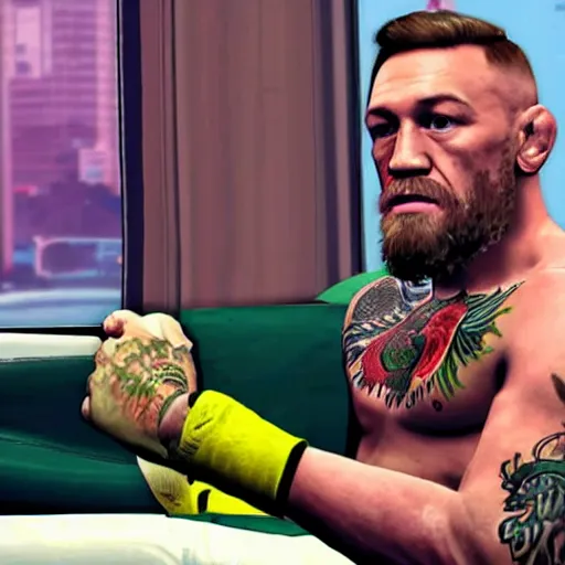 Prompt: conor mcgregor playing gta v on couch