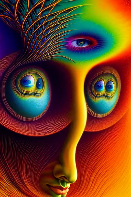 Image similar to hyperrealistic abstract close-up Renaissance psychedelic!! celestial happy! pure creature!! peaceful! kind spirit of nature! beautiful fractal!! eyes! highly detailed concept art eric zener elson peter cinematic hard rainbow lighting high angle hd 8k sharp shallow depth of field endless, inspired by Zdzisław Beksiński Salvador Dali