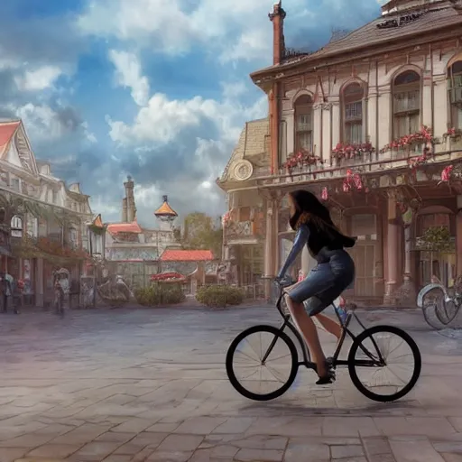 Image similar to girl riding on bike through victorian town square, digital art, by ben weiner, richard estes, range murata, akiyuki shinbou, yoshitaka amano, wlop, highly detailed, realistic, cinematic, bold colours, photorealism, 4 k, wide angle lens, trending on artstation, artgerm