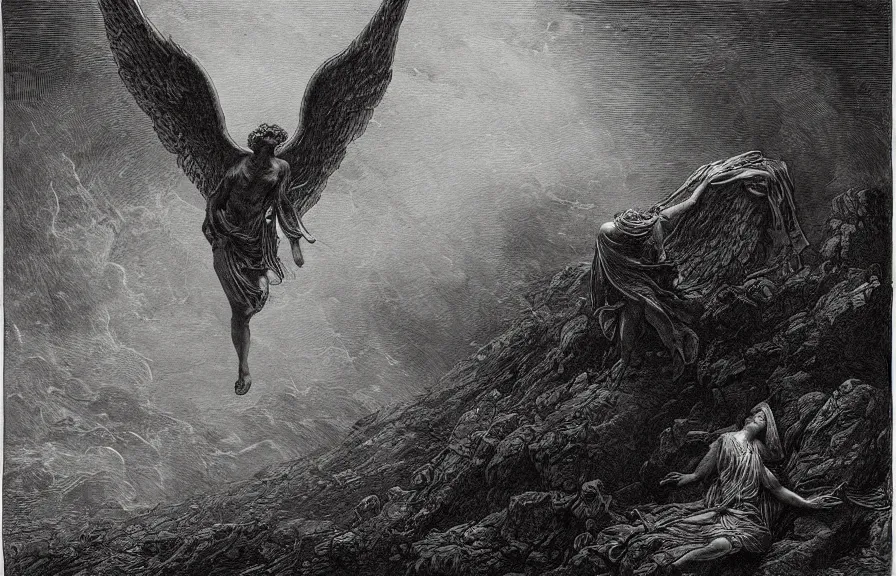 Prompt: fallen angel, illustration by Gustave Dore, high resolution
