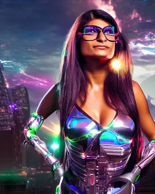 Prompt: Mia Khalifa as a cyborg, octane render, iridescent accents, kingdom come by Alex Ross