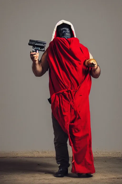 Image similar to man wearing a red sack over his head holding a gun, bloody, looking at the camera, photograph, amateur