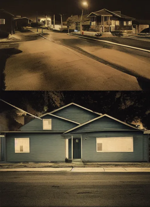 Image similar to a detailed photographic render of a 1 9 6 0 s american neighborhood during blue hour by todd hido, photoreal, 4 k, mist, rule of thirds