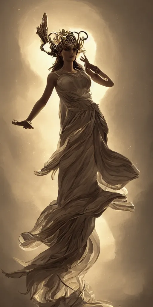 Image similar to goddess athena dancing in the wind, beautiful, ethereal, gorgeous, volumetric lighting, elegant, fluid, highly detailed, digital painting, concept art, highly detailed, smooth, illustration, limited color palette, atmosphere and tension, trending on artstation