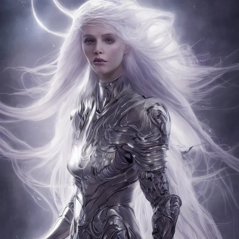 Image similar to beautiful cinematic fantasy poster, sci-fi, semi-transparent, beautiful female ghost with brilliant silver flowing hair and a brilliant jeweled silver helm, beautiful white glowing eyes, wideshot ultrawide angle epic scale, hybrid from The Elden Ring and art direction by Darius Zawadzki ;by artgerm; wayne reynolds art station; cinematic quality character render; low angle; ultra high quality model; production quality cinema model;