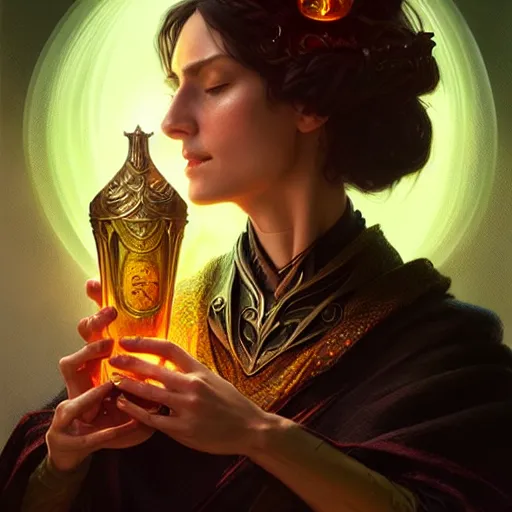 Image similar to Portrait of female sorceress with a goblet with a glowing potion in it, epic dark fantasy, medium shot, intricate, elegant, highly detailed, digital painting, artstation, concept art, smooth, sharp focus, illustration, art by artgerm and greg rutkowski and alphonse mucha